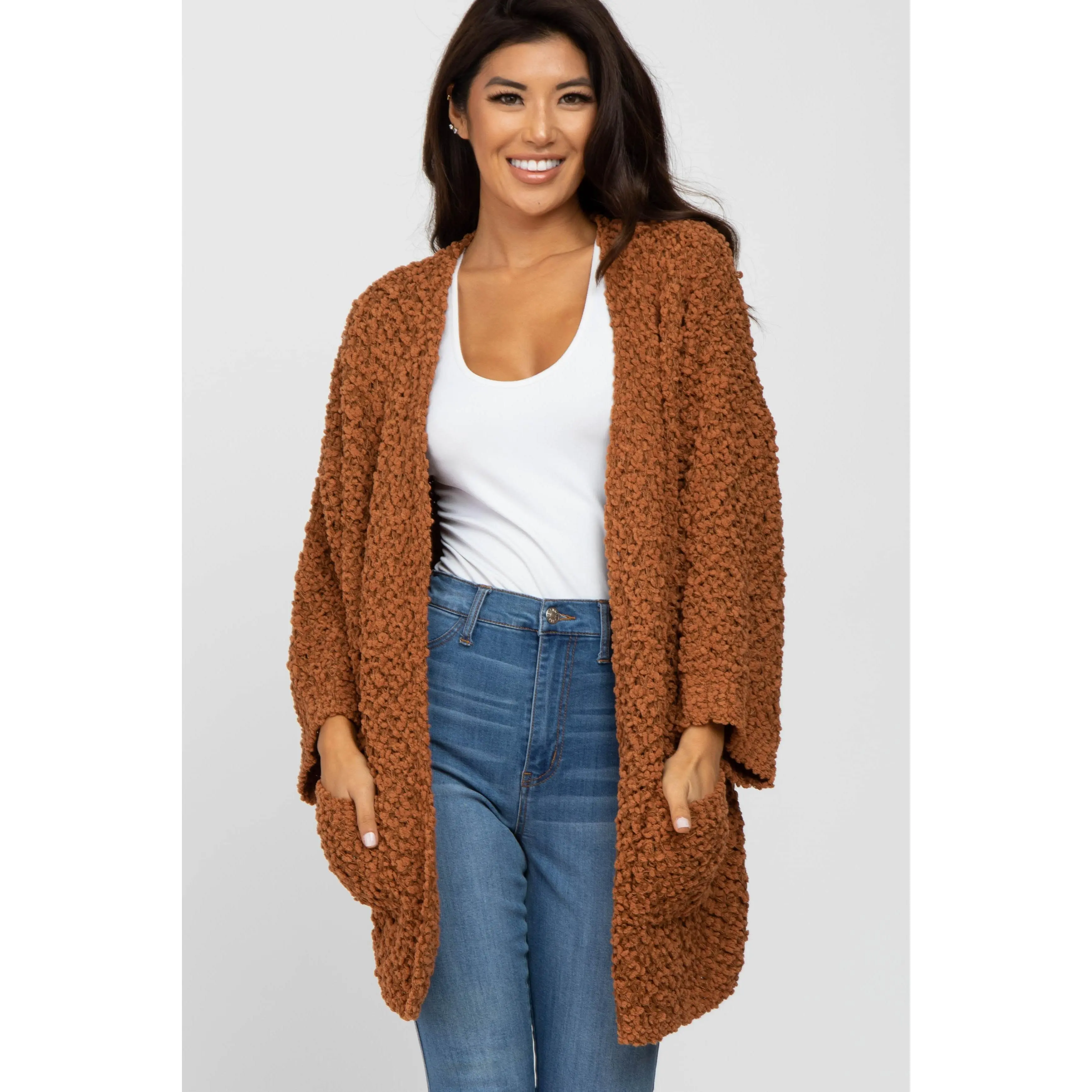 Women's Camel Soft Popcorn Knit Cardigan - Long-Sleeve Basic Casual Knitwear Top, Long Sleeves, Tops