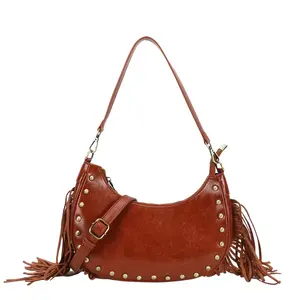 Western Fringe Shoulder Bag for Women – Glossy PU Leather Studded Hobo Purse, Small Crossbody Y2K Boho Handbag