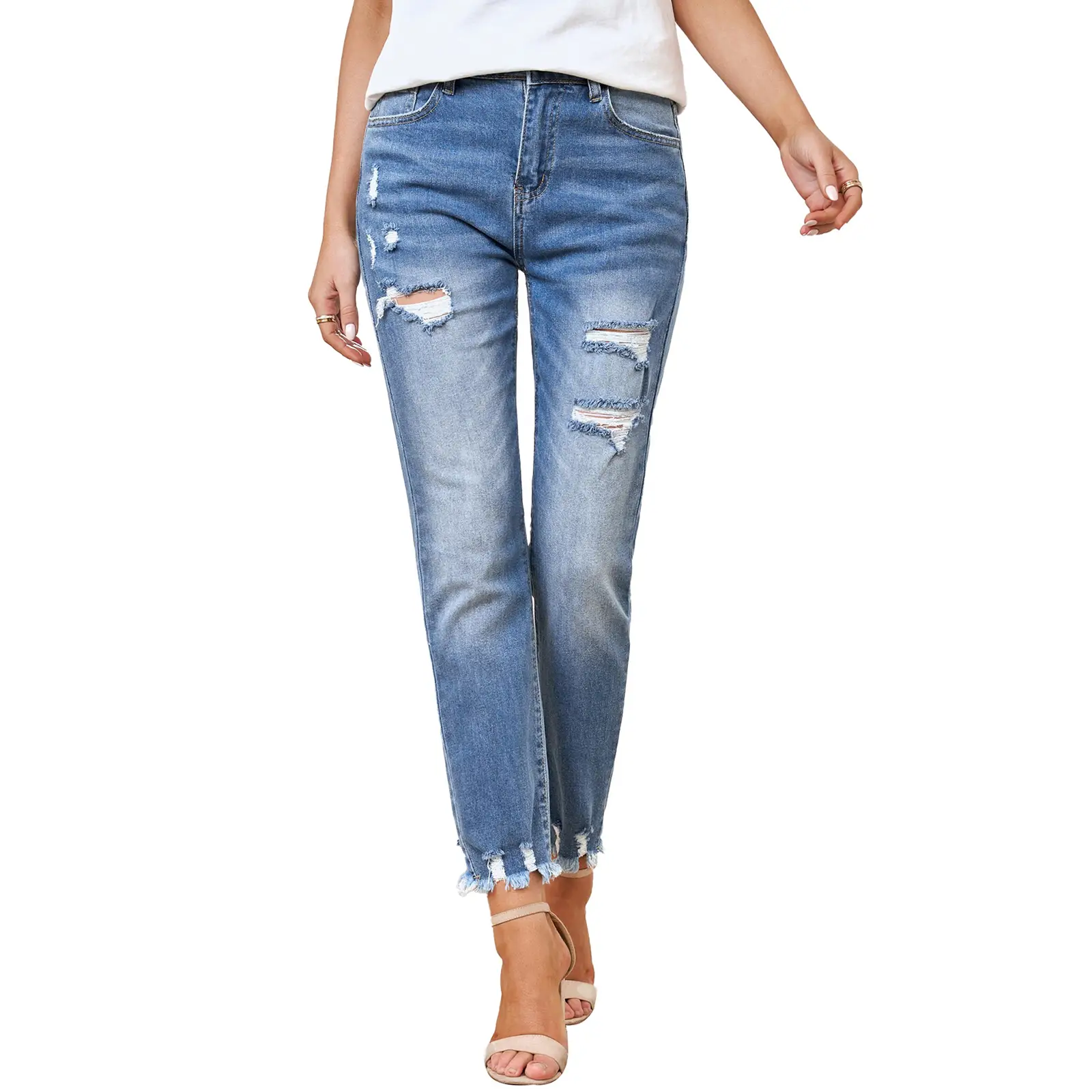 EVALESS Women's High Waist Plenty Jeans,Ripped Boyfriend Distressed Straight Leg Jenas,Tummy Control Lightweight Stretchy Trouser Ankle Denim Pants,20