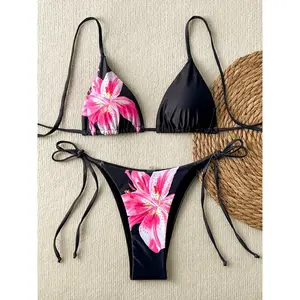Stylish Women's Floral Print Bikini Set, Tie-Back Triangle Top and Side-Tie Bottoms for Summer bikini