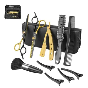 QT Professional Hair Cutting Scissors Set - Black & Gold Design, Barber Grade Stainless Steel Hair Shears Kit with Combs, Clips & Storage Case for Home Barber & Salon Use