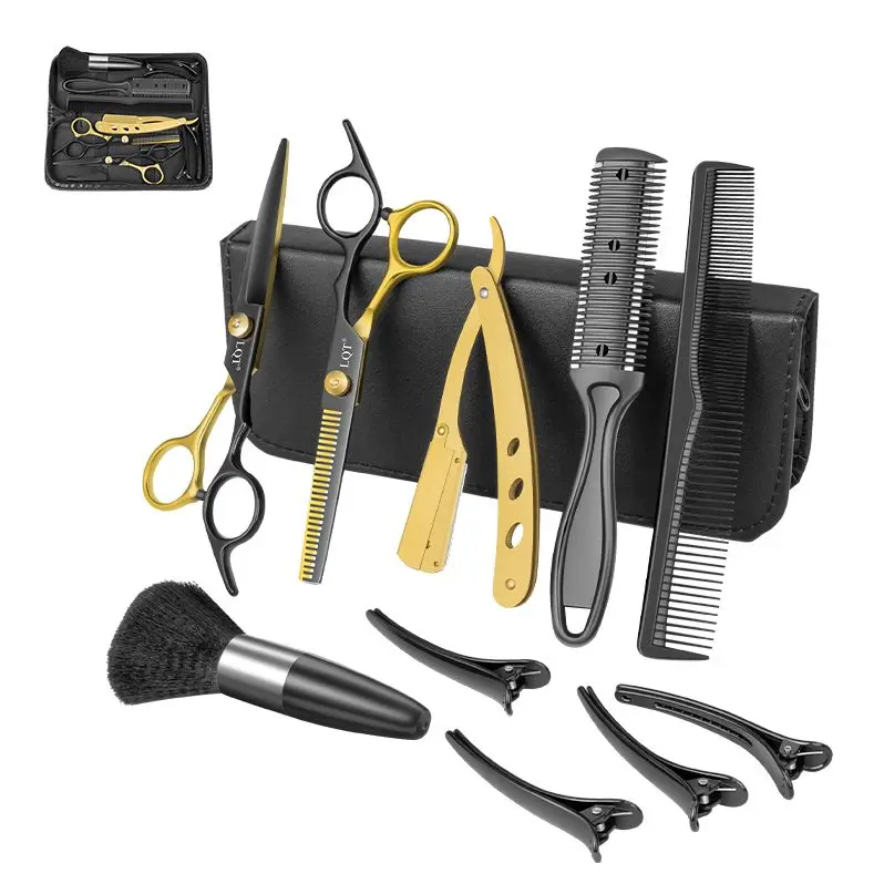 LQT Professional 11-Piece Barber-Grade Black & Gold Stainless Steel Hair Cutting Scissors Set - Barber Equipment with Thinning Shears, Combs, Clips, Storage Case for Beginners, Ideal for At-Home Haircut, Crisp Lineups