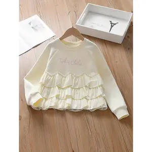 (New)[Soft Girls' Sweatshirt] Soft Ruffled Long Sleeve Sweatshirt |       Girls' Ivory with Pink Text Casual Round Neck Top for Spring/Fall Layering, Easy-Care Kids' Clothing