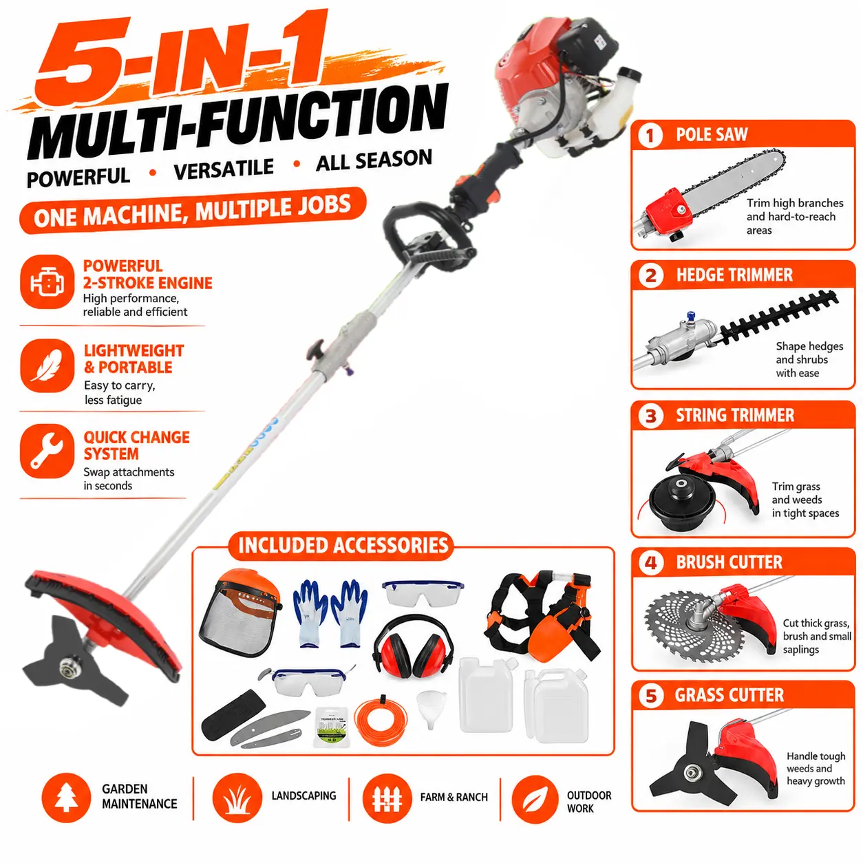 52cc Gas Hedge Trimmer Chainsaw Brush Cutter 5-in-1 Multi-Function Lawn & Garden Tool with Pole Saw, String Trimmer and Grass Cutter