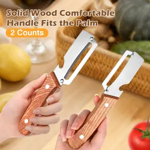 Wooden-Handled Vegetable Fruit Utensils Peeler - Stainless Steel Blade for Smooth Peeling, Ergonomic Kitchen Utensils & Tools and Gadgets with Built-In Bottle Opener