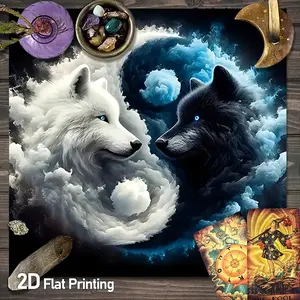 Yin Yang Wolves Tarot Card Tablecloth | Cool Blue and White Fantasy Altar Tablecloths | Spiritual Symbolic Wolf Design Gaming Tablecloth | Psy Readings Divination Witchcraft Occult Astrology Oracle Cards Altar Cloths | Crystal Grid Meditation Table Cloths