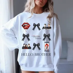 Vampire Diaries Sweatshirt, TVD Sweatshirt, Hello Brother, TVD Gift, Black Coquette Bows, Salvatore Brothers, Vampire Diaries Gift, Vampire Diaries Crewneck Merch, Damon Salvatore, Stefan Salvatore, Elena long sleeve