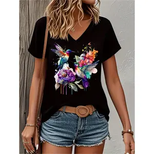 Casual V-Neck T-Shirt with Vibrant Hummingbird and Floral Print - Soft Stretch Fabric, Machine Washable, All-Season Comfort - Perfect Gift for Nature and Bird Lovers, T-shirt Stylish, Nontransparent Material Streetwear Tshirt t shirts women oversized