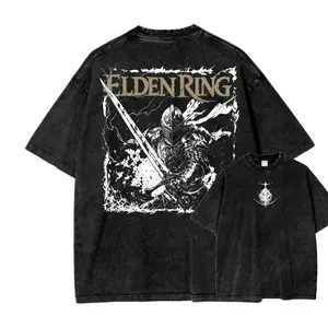 Elden Ring Tarnished Knight Menswear T-Shirt - Seamless, Short-Sleeve, Vintage Washed, Heavyweight Cotton, Oversized, Casual, Classic, Acid Wash, Dark Fantasy RPG Merch, Soulsborne Gamer Apparel, Retro Streetwear, Cool Gift for Gamers