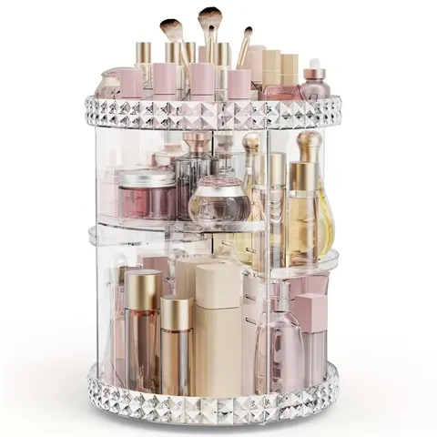 Cosmetic Storage Rack, 360 Degree Rotating Cosmetic Storage Organizer, Adjustable Cosmetic Display Box, Suitable for Rotating Tray Storage, Can Place Jewelry, Makeup Brushes and Lipstick, Transparent Acrylic Material Lightweight
