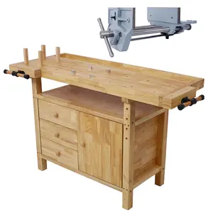 High-Quality Durable Heavy-Duty Rubberwood Workbench with 9-in Jaw Width Cast Iron Rapid-Action Vise, 139*62*84cm, 47.5kg-50.6kg Gray Functional Hand Tool Set for Woodworking, Garage, Easy Assembly