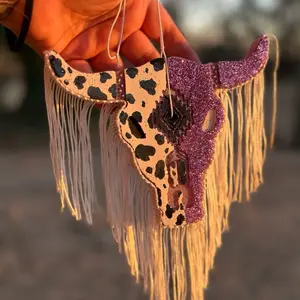 Fringe Car Freshie - Cow Print & Glitter Bull Skull with Fringe for Car Aromatherapy and Decor - Unique Car Accessory