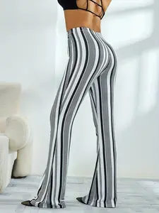 Women's High Waist Geometric Pattern Flare Pants, Slim Fit Vertical Striped Tight Jeans, Casual Fitted Long Regular Leggings Flared, Casual Bottom
