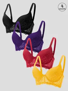 4-piece Sexy Lace Patchwork Bra Set with Underwire and Hook Closure, Comfortable, Soft, and Skin-friendly, Suitable for Daily Wear and Parties, Non-removable Padding, Adjustable Straps, Beautiful Back Design, Solid Color Sexy One-piece Women's Bra
