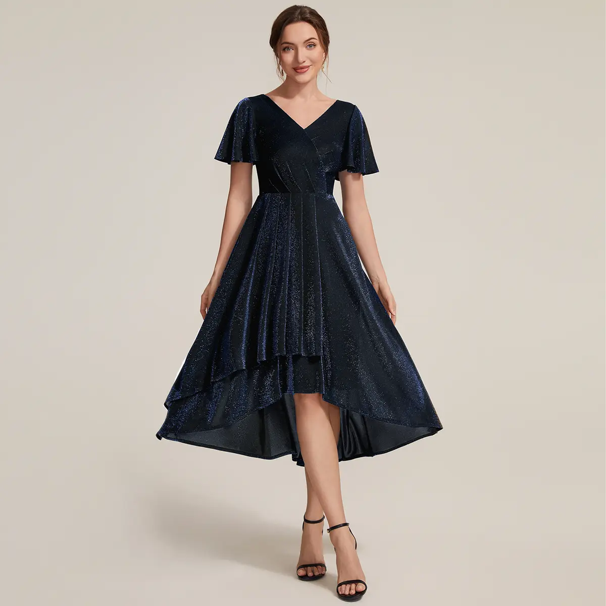 Ever-Pretty 2026 New Trend Navy Blue Lurex Ruffle Sleeve Midi Dress – A-Line Skirt, Metallic Sheen & Back Zipper – Perfect for Cocktail Party & Evening Gala EC02830