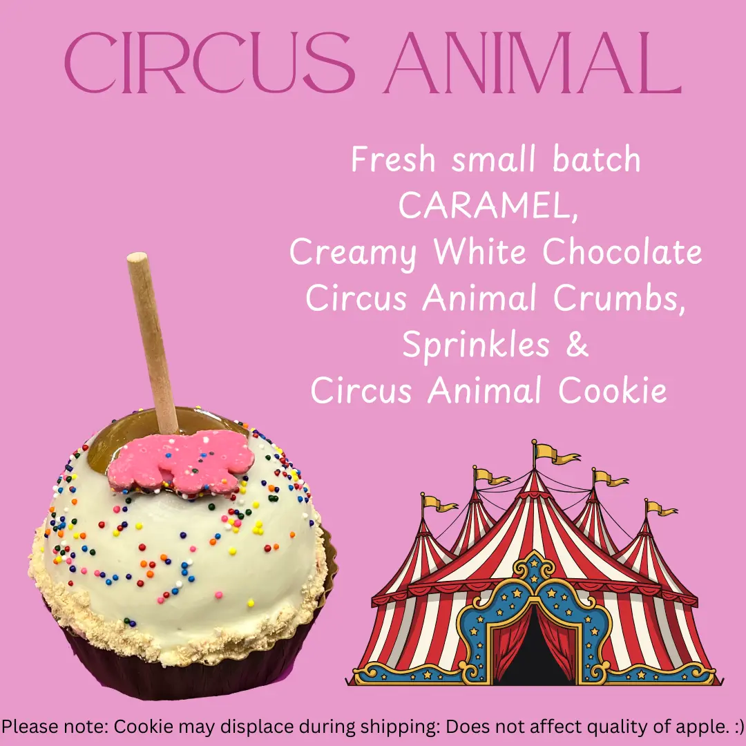 Copperpot Caramel Co Caramel Apple Circus Animal Cookie with Sprinkles & White Chocolate Large Crisp Granny Smith Apple Handcrafted Gourmet Treat
