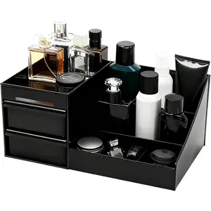 Makeup Organizer with Drawers – Stackable Cosmetic Storage for Dresser, Vanity & Bathroom Countertop – Beauty Holder for Lipstick, Brush & Skincare – Display Case (Black)