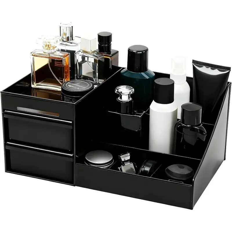 Makeup Organizer with Drawers – Stackable Cosmetic Storage for Dresser, Vanity & Bathroom Countertop – Beauty Holder for Lipstick, Brush & Skincare – Display Case (Black)