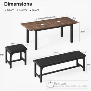 TWISTER.CK 5-Piece Dining Table Set for 4-6 People, 63-Inch (Approx. 160.0 cm) Large Extendable Dining Table Set, 4 Chairs with Bench and Stools Kitchen Table Set, 6-Person Dining Table Set, Perfect for Small Spaces - Walnut