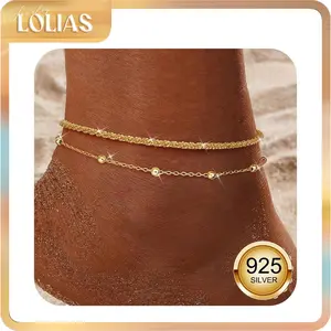 LOLIAS 925 Sterling Silver Ankle Bracelets for Women Gold Silver Anklet Adjustable Women's Anklets Waterproof Dainty Layered Anklet Set Ankle Chains Beaded Rope Link Beach Anklets for Women