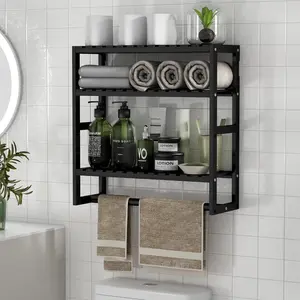 Towel Rack Bathroom Storage Shelves Over The Toilet with Towel Bar 100% Bamboo Adjustable Height Floating Shelf Wall Shower Shelf for Small Space Bathroom Kitchen Multi Usage