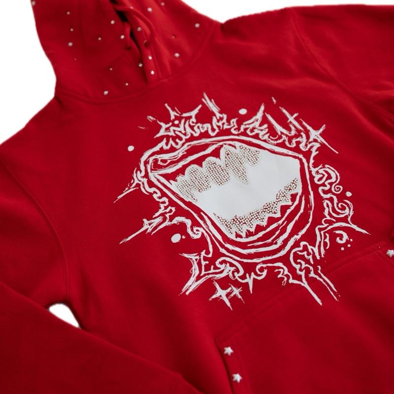 Y2K Hip-Hop Streetwear Fivestarss Rhinestone Fashion Hoodie Cherry Red Loose Fit Casual Style Unisex