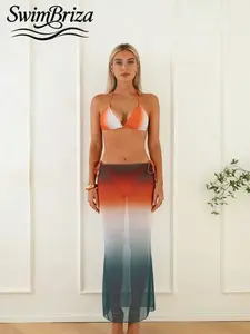 Briza｜Triangle Halter Two-Piece Swimsuit In Orange White Teal Ombre, Bikini Sets With Sheer Mesh Tie-Side Skirt As Vacation Swimwear For Women, Swimsuit Cover Up For Women, Swim Sets For Women And Bathing Suit Women Set For Resort Glow