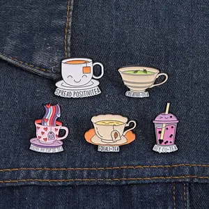 5pcs Tea Series Brooches, Black Tea, Green Tea, Milk Tea Metal Versatile Badge Accessories, Also Suitable For Giving Gifts Drop Set Pins Butterfly Charm