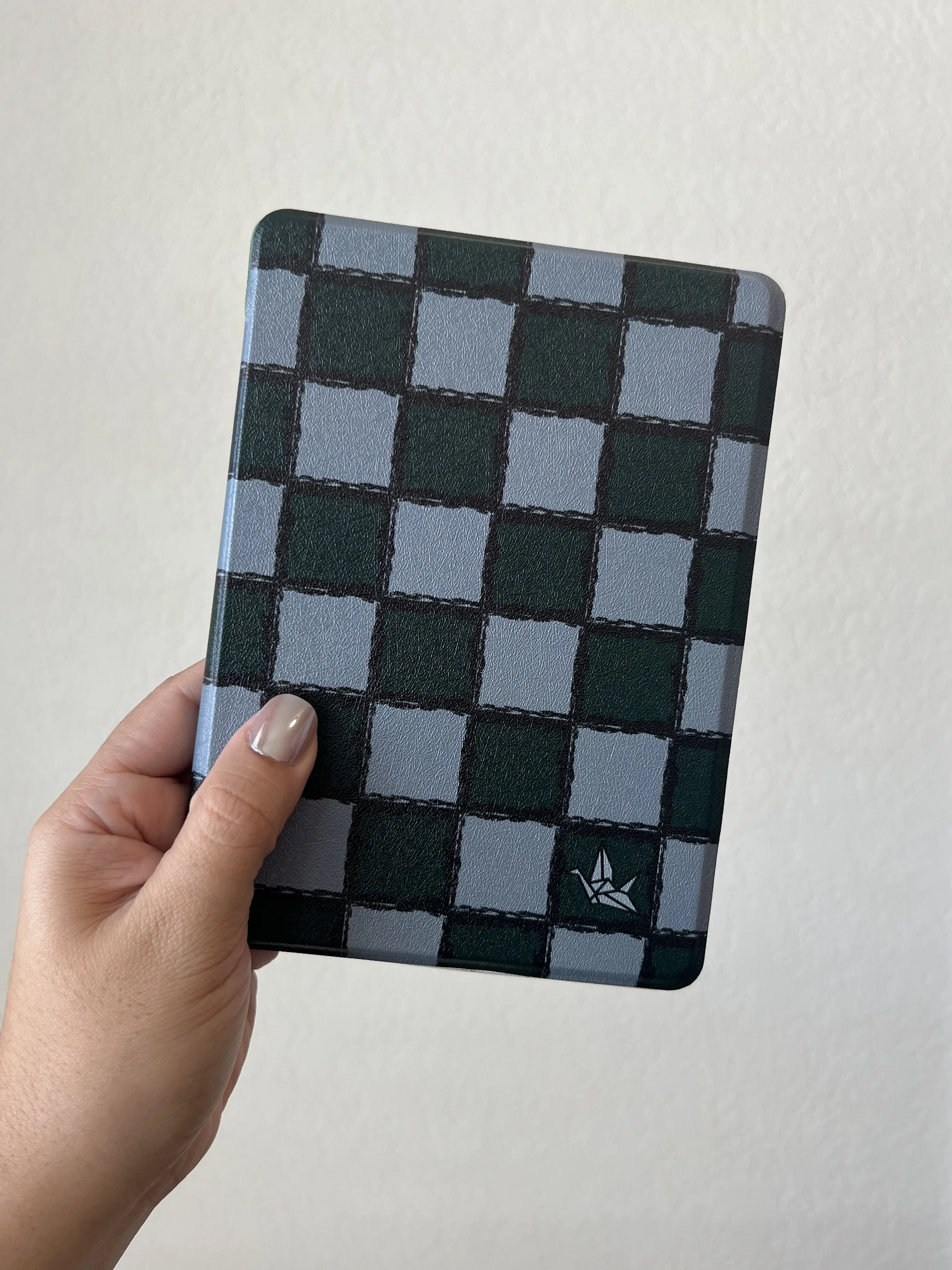 OOPSIE Green and Grey Checkered Kindle Case | Paper Crane | Clear Back Case | Magnetic Detachable Cover | Bookish Kindle Cover | Auto Sleep/Wake |  Dramione Inspired