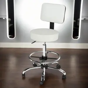 summervibes White PVC Leather Technician Stool with Backrest & Circular Footrest, 260mm Electroplated Iron Five-Star Base, 150kg Load Capacity