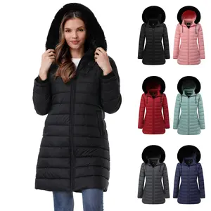 Women's Waterproof Long Down Jacket Warm Winter Hooded Puffer Coat Thickened for Hiking Outdoor 50D Matte Glossy Fabric Fluffy Fur Collar Thermal Insulation Soft Womenswear