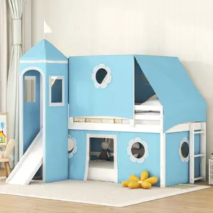 Modern Twin Loft Bed with Castle & Fence-Like Appearance, Pine Wood & MDF Construction, 80.8x76.5x74.4in, 250lbs Capacity, 4-6in Mattress Compatibility, 3 Installation Ways, Assembly Required, for Kids' Bedrooms