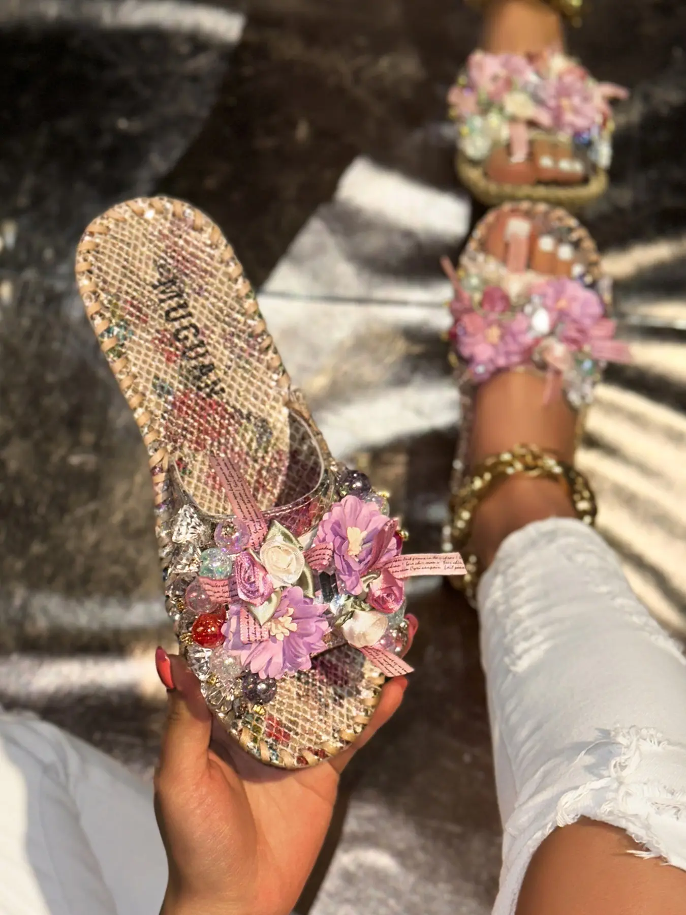 Women's Plus Size Wedge Heel Sandals, Handmade Pearl & Crystal Decor, Perfect for Casual Summer Beach Wear, Comfortable and Stylish, Elegant Floral Sandals