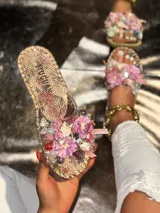 Women's Plus Size Wedge Heel Sandals, Handmade Pearl & Crystal Decor, Perfect for Casual Summer Beach Wear, Comfortable and Stylish, Elegant Floral Sandals