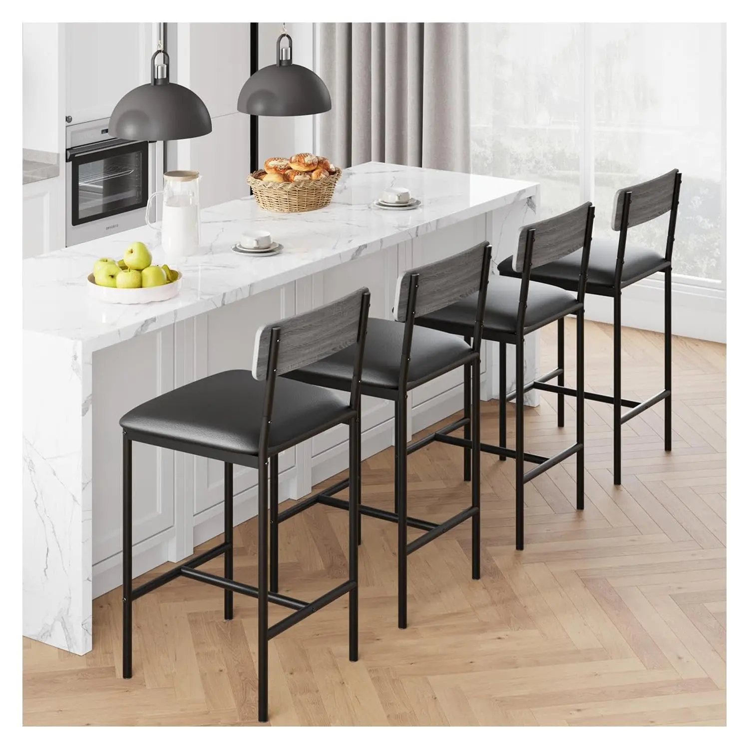 GAOMON Contoured Ergonomic Bar Stools Set - Comfi, Waterproof PU Upholstered, Thick Sponge Cushions, Corrosion-Resistant Steel, 300 lbs Capacity, Footrest, 37.4" Tall Counter Height Chairs for Kitchen & Dining, Easy Assembly, Comfi Dining Chairs, Contoure