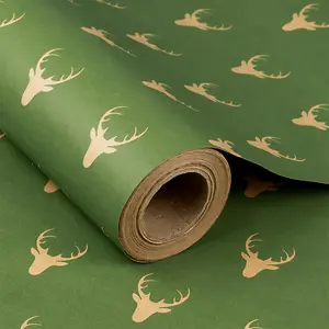 Christmas Wrapping Paper,  Roll  Paper - Green Reindeer Design for Holiday  Wrap - 24 Inches x 100