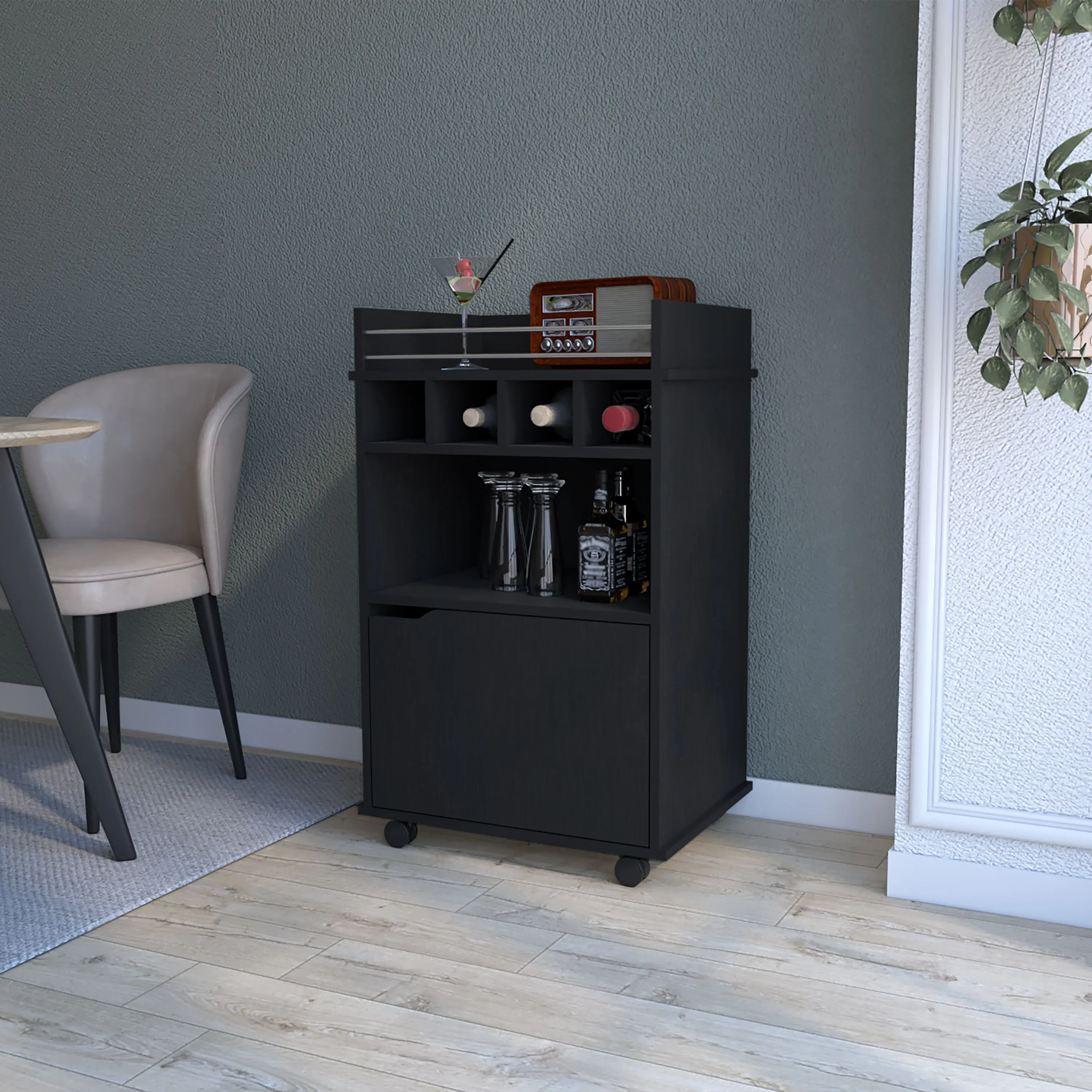FM Crozier Modern Sleek Bar Cart with Wheels, Patio-Ready Tool Organizer, 4-Bottle Built-In Bottle Holders, Assembly-Required Storage Solution (Black)