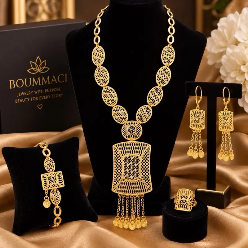 Luxury Gold-Plated Statement Jewelry Set – Necklace, Earrings, Bracelet & Ring | African Bridal Wedding Jewelry | Saudi Sourced
