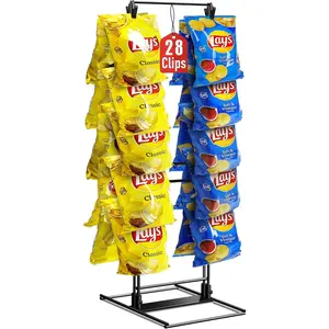 Chip Rack Display Stand Potato Chip Rack Bag Holder with 28 Clips 2 Row Chip Display Stand for Party Black Retail Snack Display for Countertop Store Concession Stand 2025 Upgraded