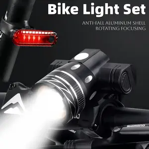 Ultra-Bright USB Rechargeable Bicycle Light Anti-fall Aluminum Shell Rotating Focusing 3+4 Modes for Night Cycling Camping Durable Compact Shockproof Front & Rear Bike Lights