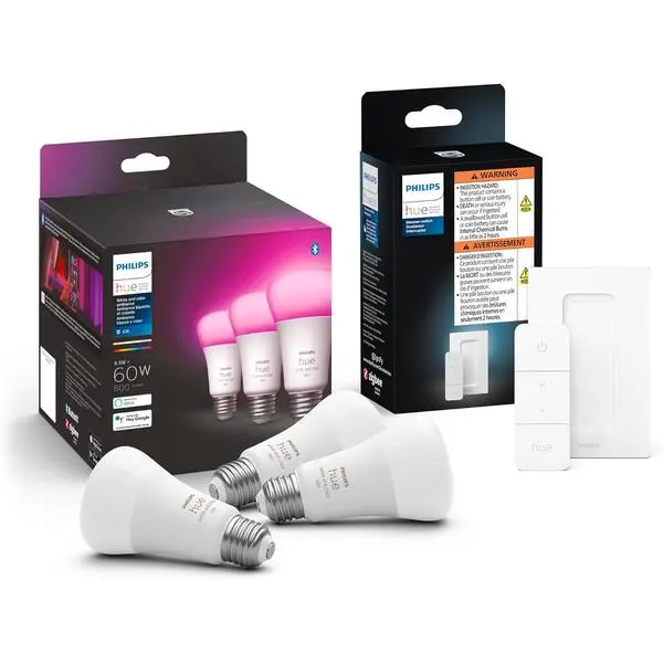 Philips Hue A19 LED Smart Light Bulb 3-Pack -White and Color Ambiance - 60W Indoor Light Bulb - Smart Dimmer Switch- Compatible with Alexa, Google Assistant and Apple Homekit