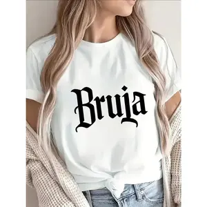 Polyester Short Sleeve T-Shirt with Bruja Gothic Print, Lightweight and Durable for Casual Wear in Home, Cafe, or Street Style Settings, Lettering on Fabric
