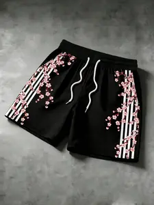 Men's Elastic Waist Casual Shorts, Base Stripes, Cherry Blossom Embroidery, Y2K Street Style, Breathable Fabric, Summer Fashion