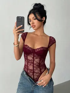 LYNX Elegant Square Neck Lace Patchwork Burgundy Sexy Bodysuit Going Out Date Night Spring Summer Top