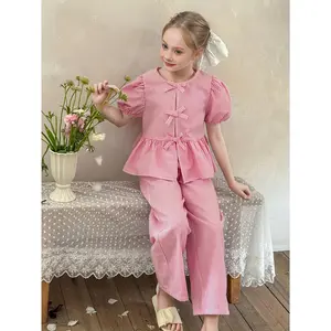 (New)Outfit: a Two-Piece Set Featuring a Striped Puff Sleeve Top with a Bow And Loose Wide-Leg Pants, a Stylish And Easy Wide-Leg Pants Set for Girls, And a Fashionable Shirt & Wide-Leg Pants Combination; Perfect for Outdoor Activities