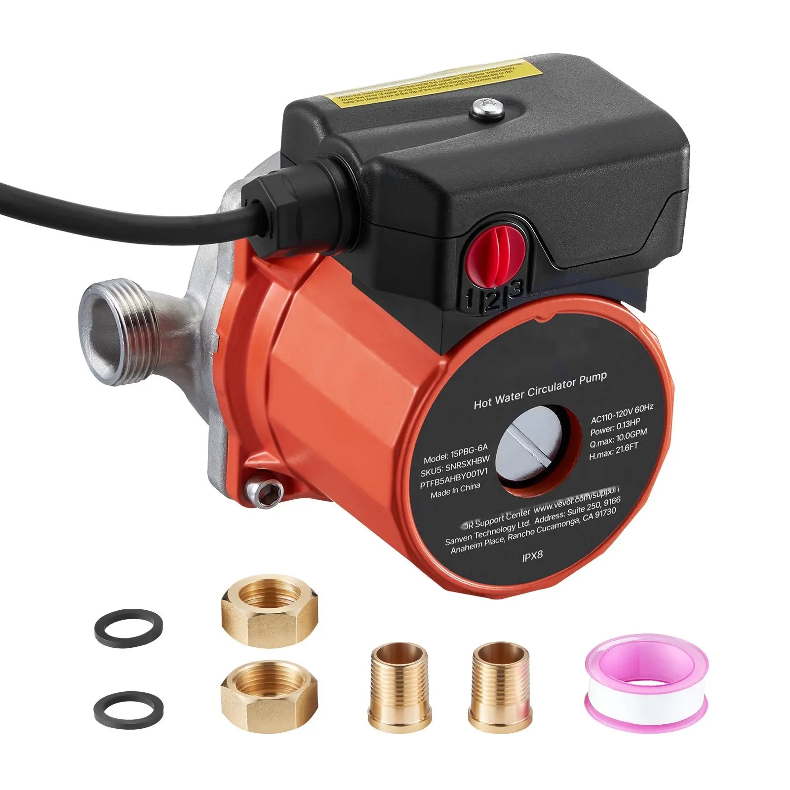 Hot Water Recirculating Pump, 10 GPM, Instant Circulation Circulator Pump System, 3-Speed Control, 0.13 HP, 110-120V, NPT 3/4 In To NPT 1/2 In Adapter, Stainless Steel Head, For Water Heaters