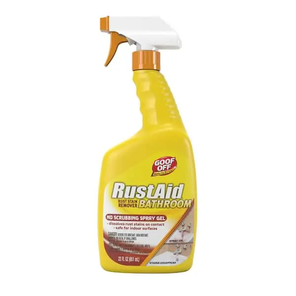 Goof Off 22 oz. Bathroom Rust Stain Remover Spray, shower drain ring, sink faucet aerator, bathtub overflow drain, toilet tank bolts, shower door track, chrome handles, stainless steel sink basin, porcelain tub edge,fiberglass shower wall,tile grout lines
