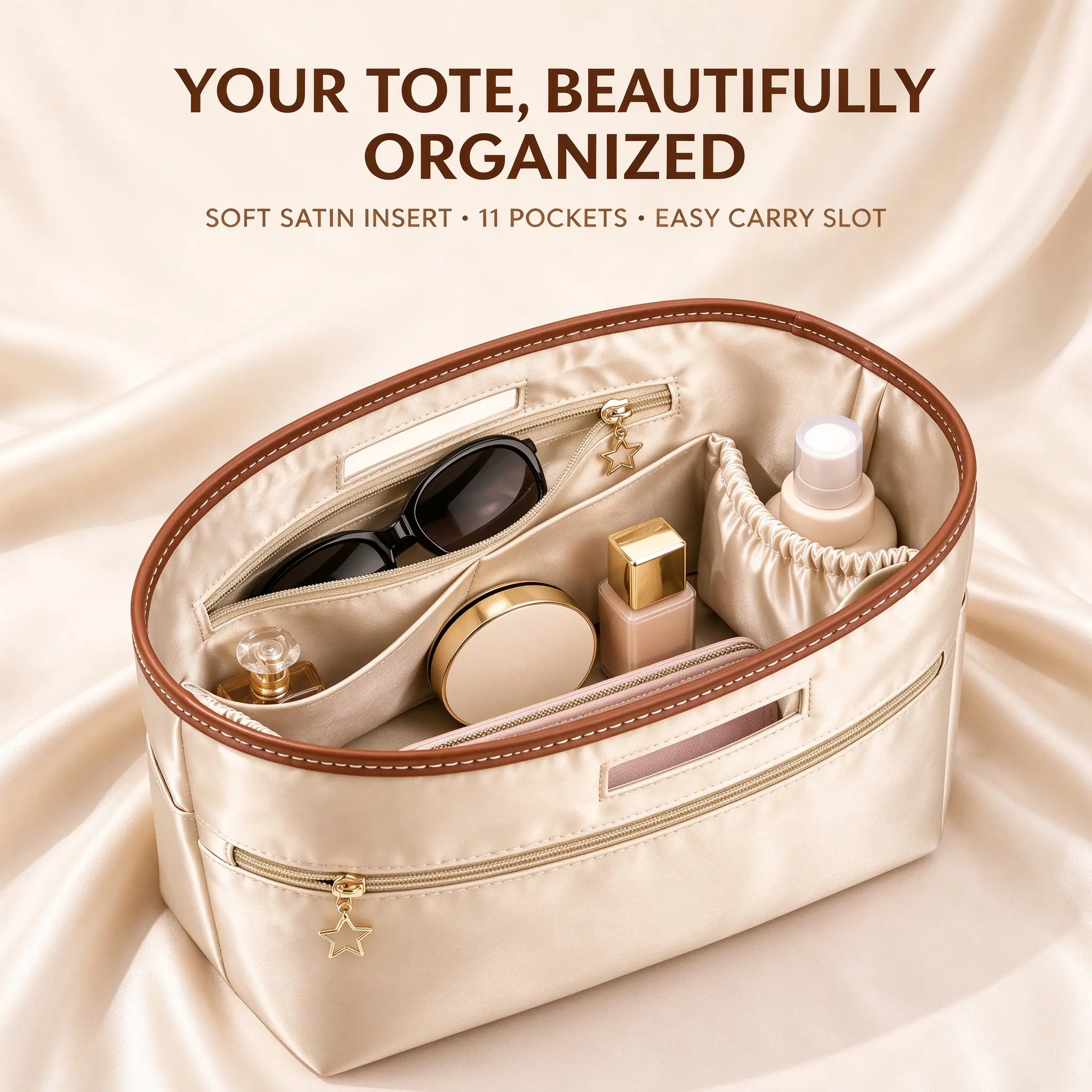 Satin Tote Bag Organizer Insert with 11 Compartments, Zipper Pocket & Easy Carry Handle — Small / Medium / Large