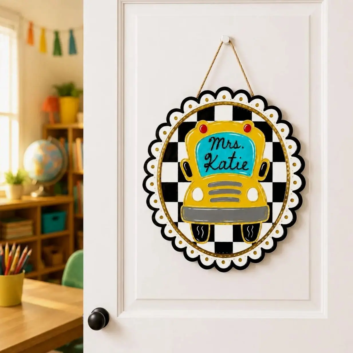 Personalized Teacher Door Wooden Sign 1 Layer, Checkered Classroom Door Hanger, Custom Name Decor