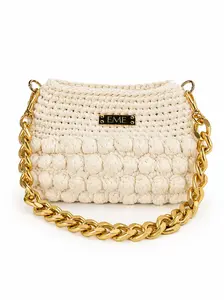Handmade Beige Crochet Handbag, Solid Gold Chunky Chain, Evening Shoulder Bag Woven Purses